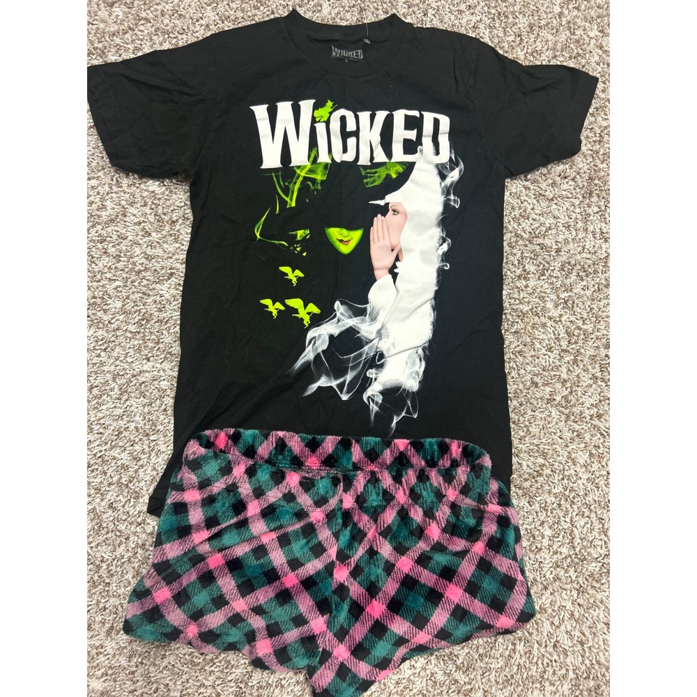 Wicked The Musical Pajama Set Black Graphic Tee & Pink Teal Plaid Fleece Shorts